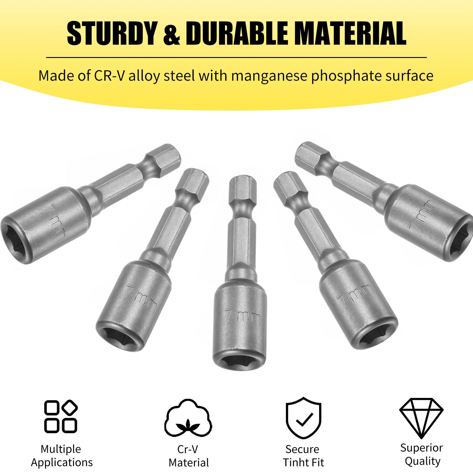 YXQ 7mm Nut Driver Bit Set - 1/4 Inch Hex Magnetic Power Socket Adapter Drill Bits (65mm Length, 5Pcs) for Power Tools - Perfect for DIY Projects, Automotive Repairs & Home Maintenance