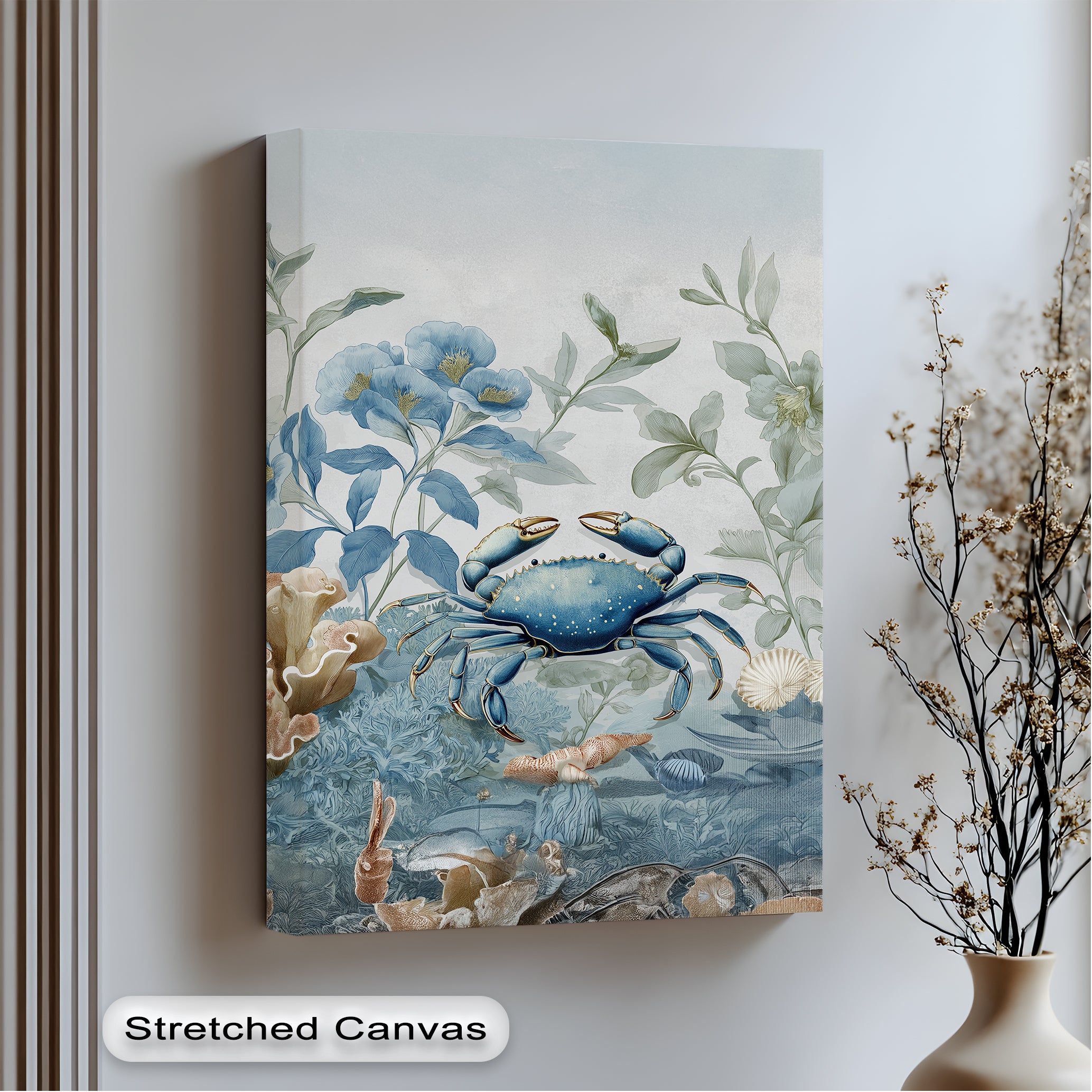 Blue Crab in Botanical Reef - Coastal Nature Canvas Print Wall Art | Beach House Decor, Ocean Themed Living Room, Coastal Bedroom Decor