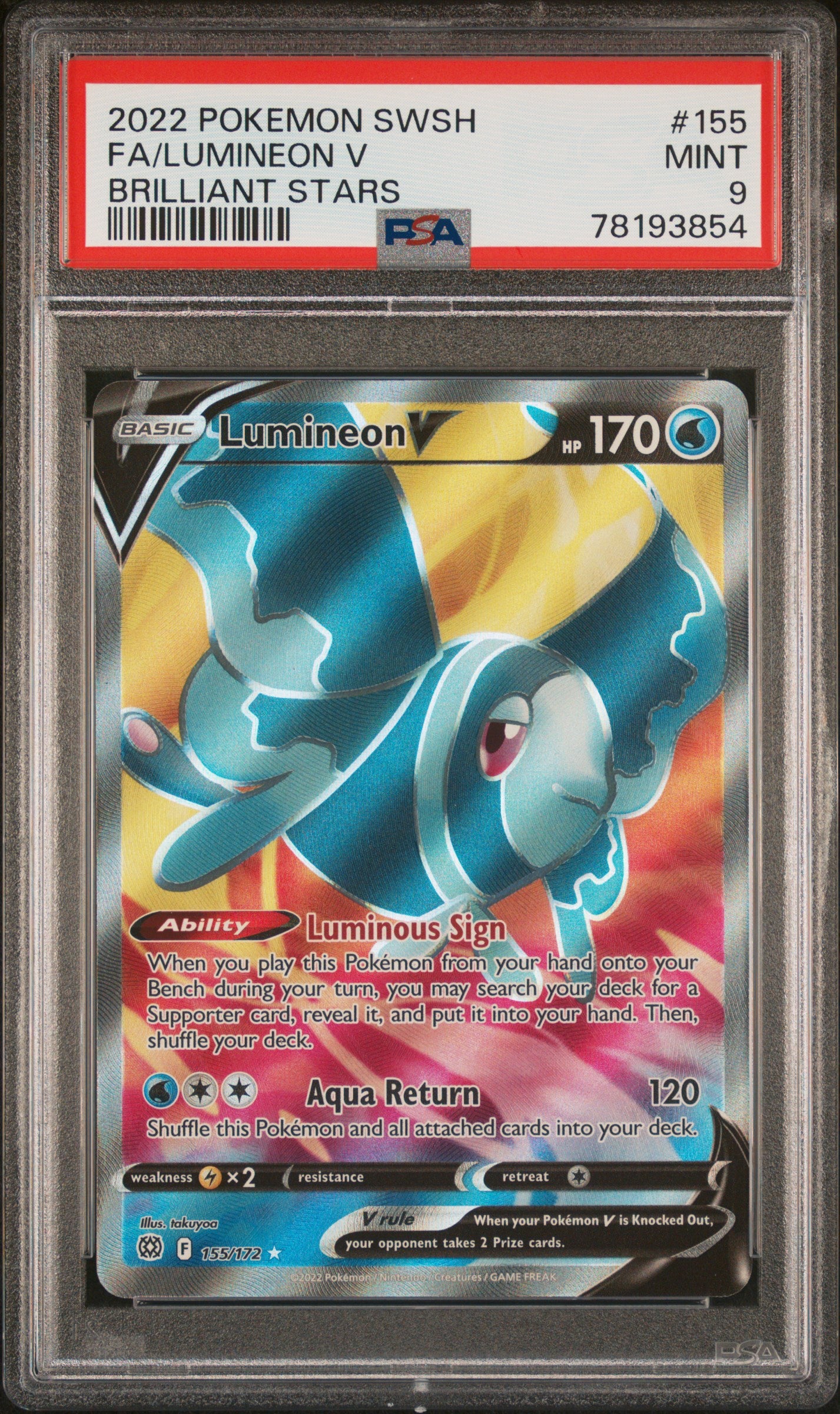Pokemon FA/Lumineon V 155/172 Brilliant Stars SWSH 2022 PSA 9 Graded Card - Perfect for Collectors & Competitive Play