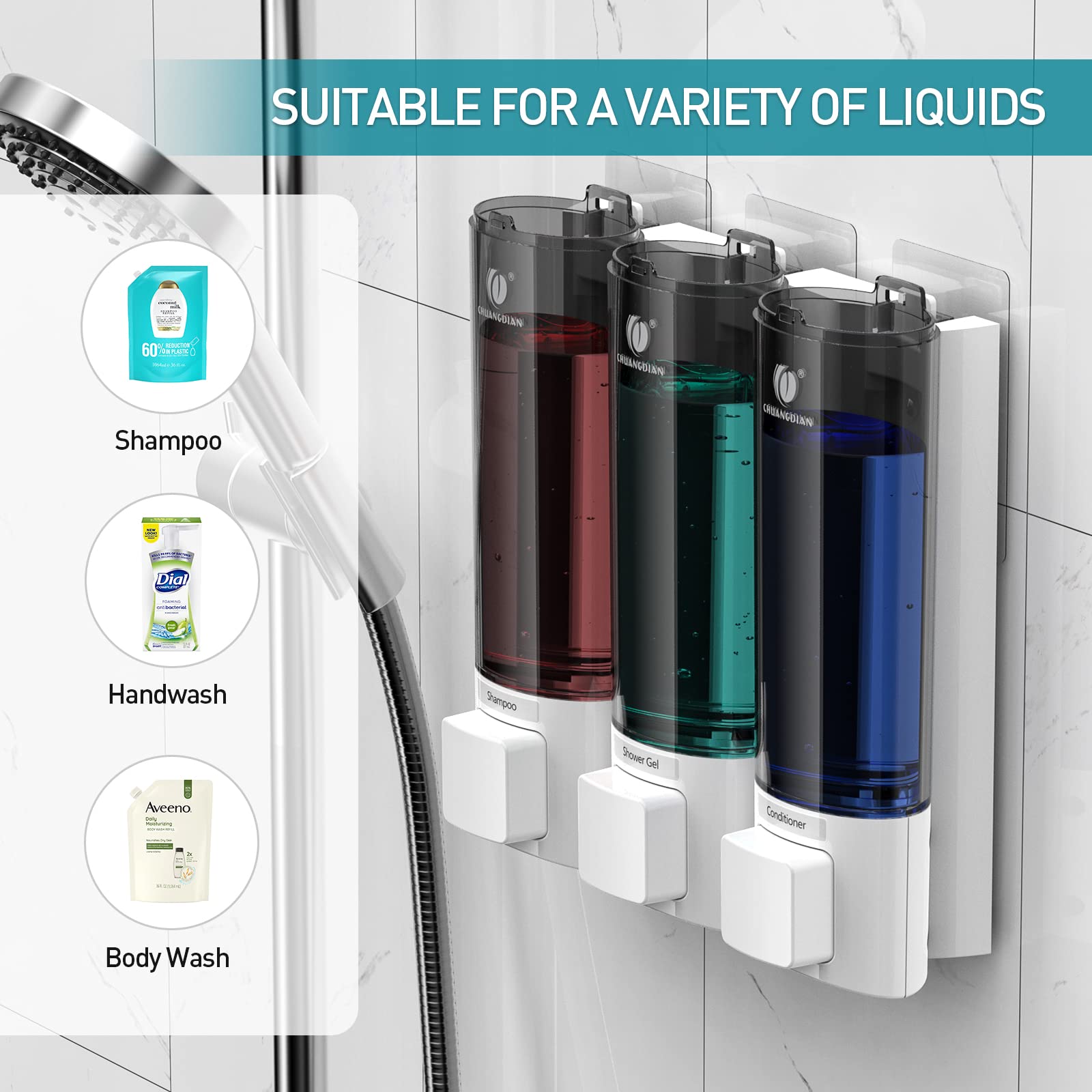 3 in 1 Wall Mounted Shower Soap Dispenser - 200ml x 3 Chambers for Body Wash, Shampoo & Conditioner - No Drill Bathroom Organizer for Home & Hotel Use - Perfect for Spa-Like Showers and Clutter-Free Bathrooms