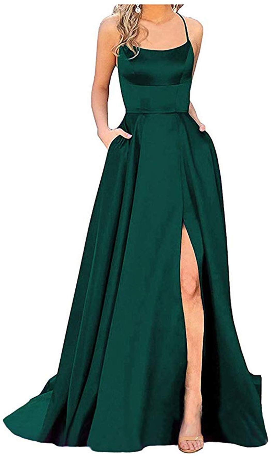 Elegant Spaghetti Strap Halter Prom Dresses - Long A-Line Formal Gowns with Side Slit & Pockets for Homecoming, Wedding, Ball | 2021 Collection