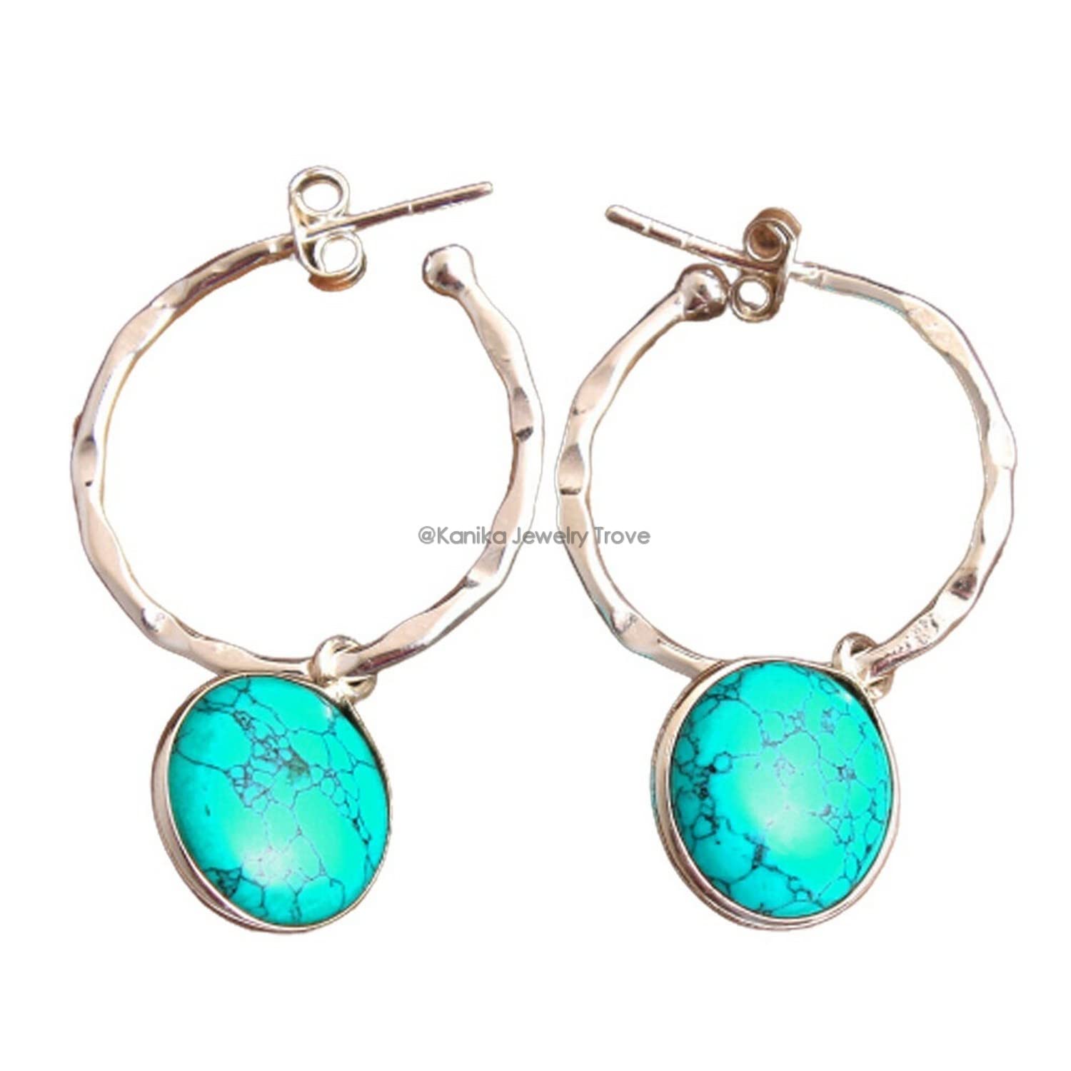 Turquoise Gemstone Sterling Silver Hoop Earrings for Women - Bezel Set Pushback Earrings for Bridesmaids, Gifts & Everyday Wear | Dainty Jewelry for Casual & Formal Occasions