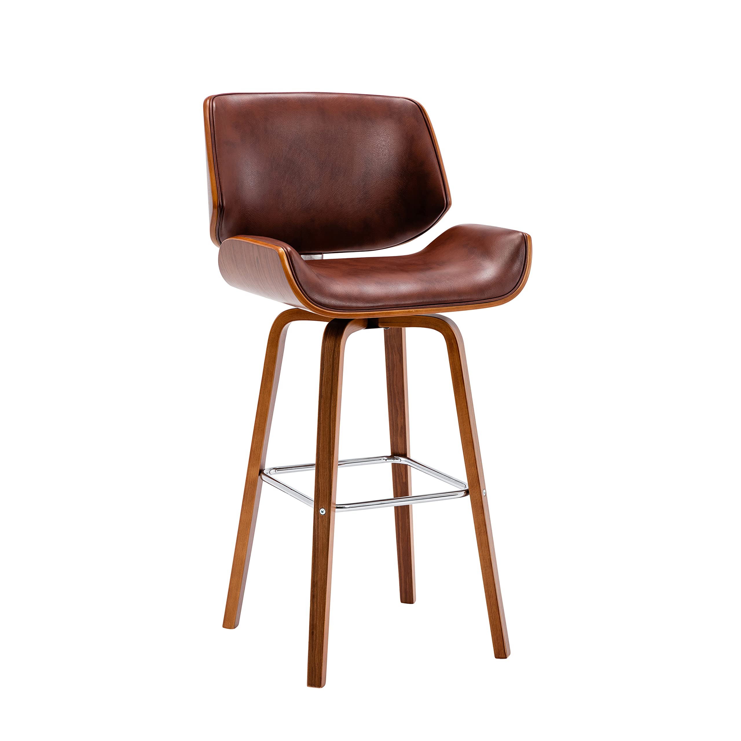 Porthos Home Oma Swivel Bar Stool - PU Leather Upholstered Counter Stool with Walnut Wood Legs & Chrome Footrest, Armless Design for Kitchen Island, Breakfast Bar or Home Pub - Perfect for Entertaining & Casual Dining