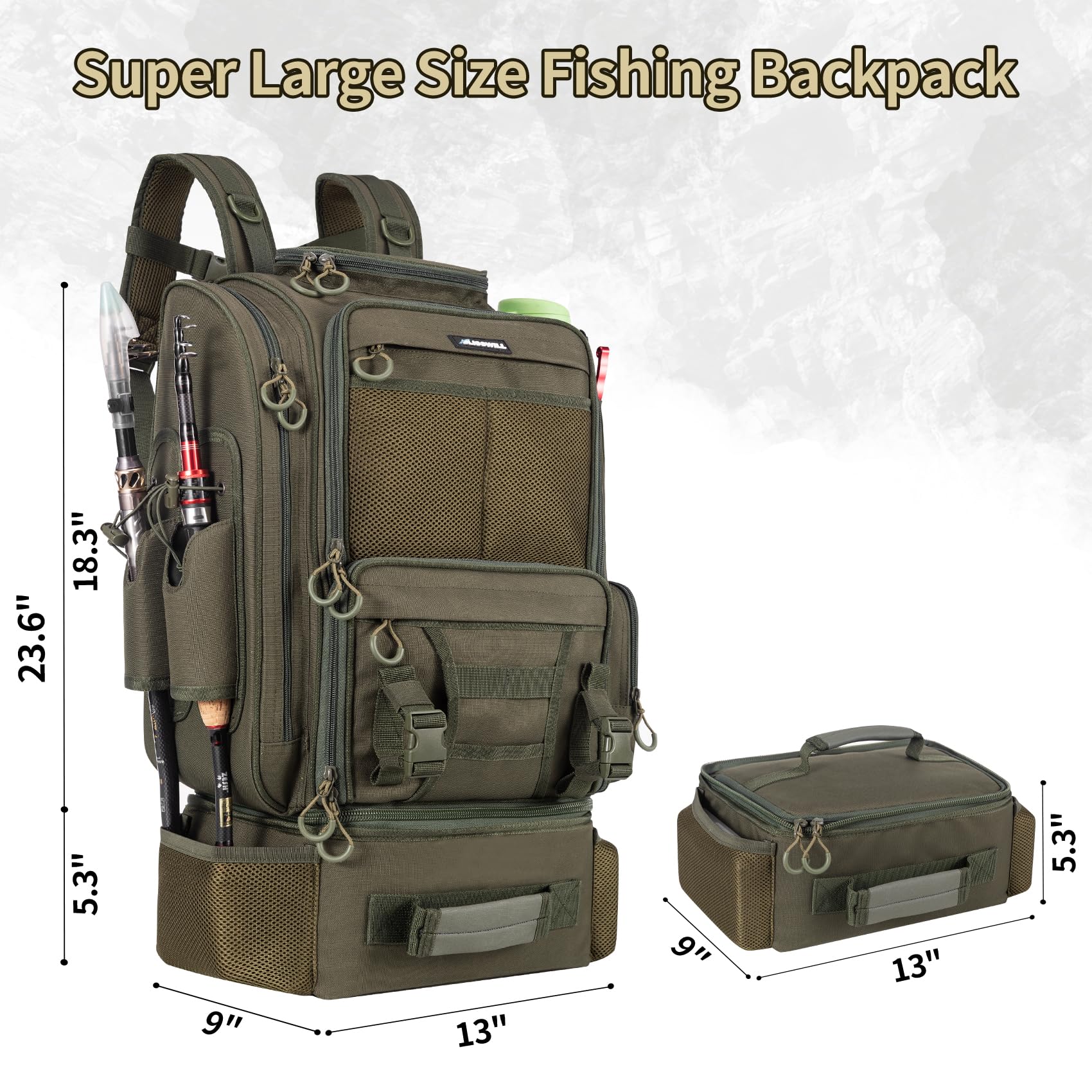 BLISSWILL Large Fishing Backpack with Cooler Compartment - Waterproof Tackle Storage Bag with Rod Holders for Bass, Trout & Saltwater Fishing | Perfect for Camping, Hiking & Outdoor Adventures