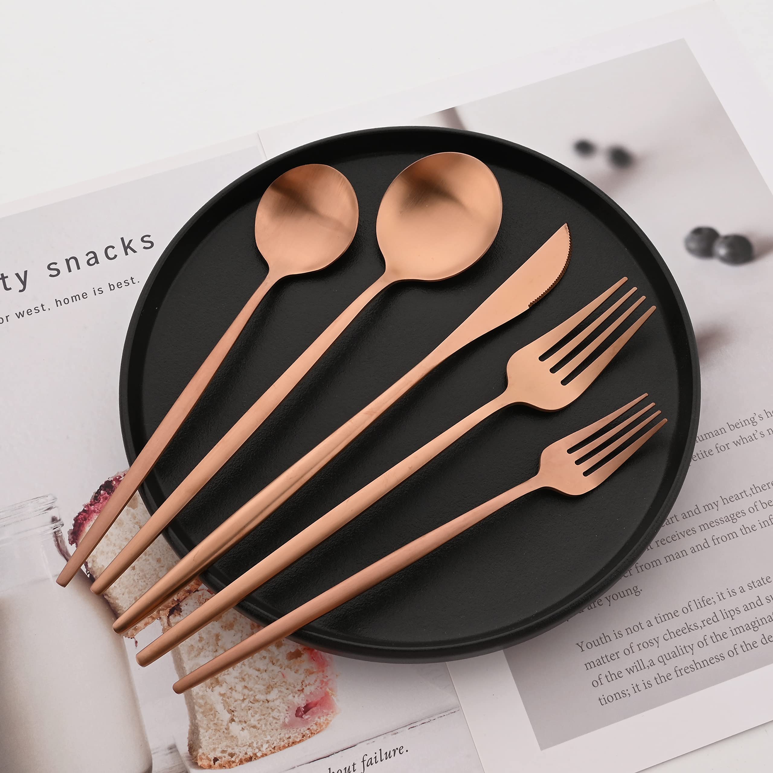 Matte Rose Gold Silverware Set for 4 - 20 Piece Stainless Steel Flatware Set with Knives, Spoons & Forks | Satin Finish, Dishwasher Safe | Elegant Dining & Dinner Party Tableware