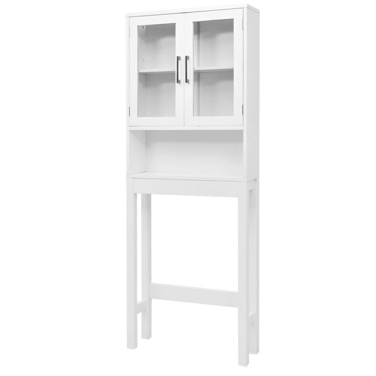NJYT Over The Toilet Storage Cabinet - White Bathroom Organizer with Tempered Glass Door | Space Saving Bathroom Storage for Towels, Toiletries & Cleaning Supplies