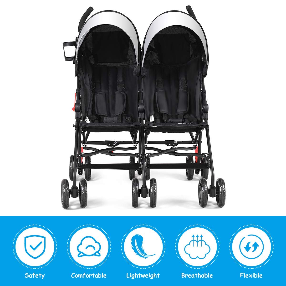 HONEY JOY Double Stroller - Lightweight Compact Side by Side Baby Stroller with Adjustable Canopy, Cup Holder & Storage Bag | Foldable Twin Umbrella Stroller for Infants & Toddlers | Perfect for Travel, Airplane, Shopping & Daily Walks