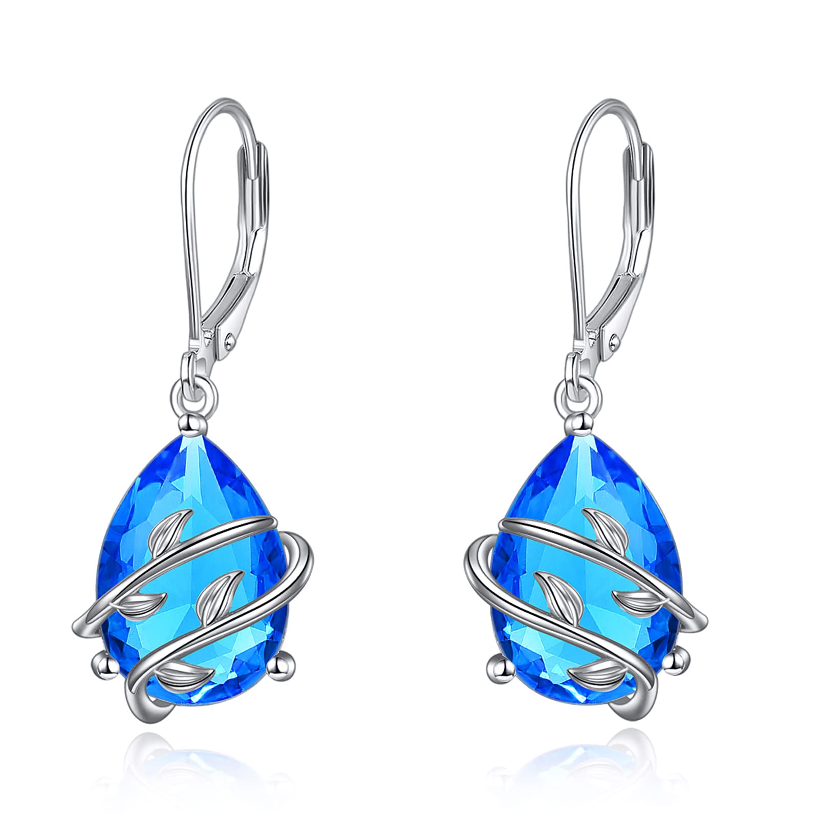 Sterling Silver Teardrop CZ Earrings with December Birthstone - Blue Leaf Drop Dangle Earrings for Women | Perfect for Holiday Gifts, Parties & Special Occasions