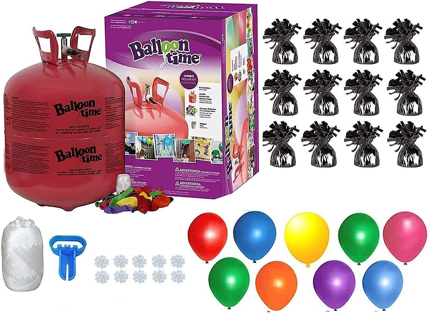 **50-Piece Helium Balloon Kit with Tank, White Ribbon, 12 Black Balloon Weights & Tying Tool - Perfect for Birthday Parties, Weddings & Events**