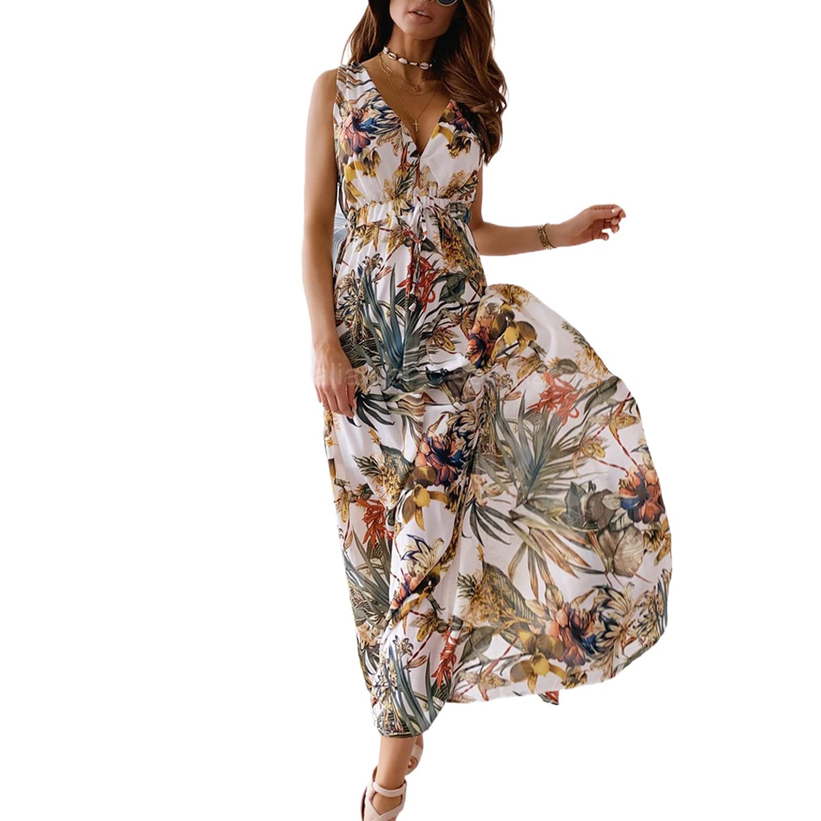 Bohemian Floral Print Women's Maxi Dress - Deep V-Neck Sleeveless Long Summer Dress for Beach, Vacation & Casual Wear | Hnyenmcko