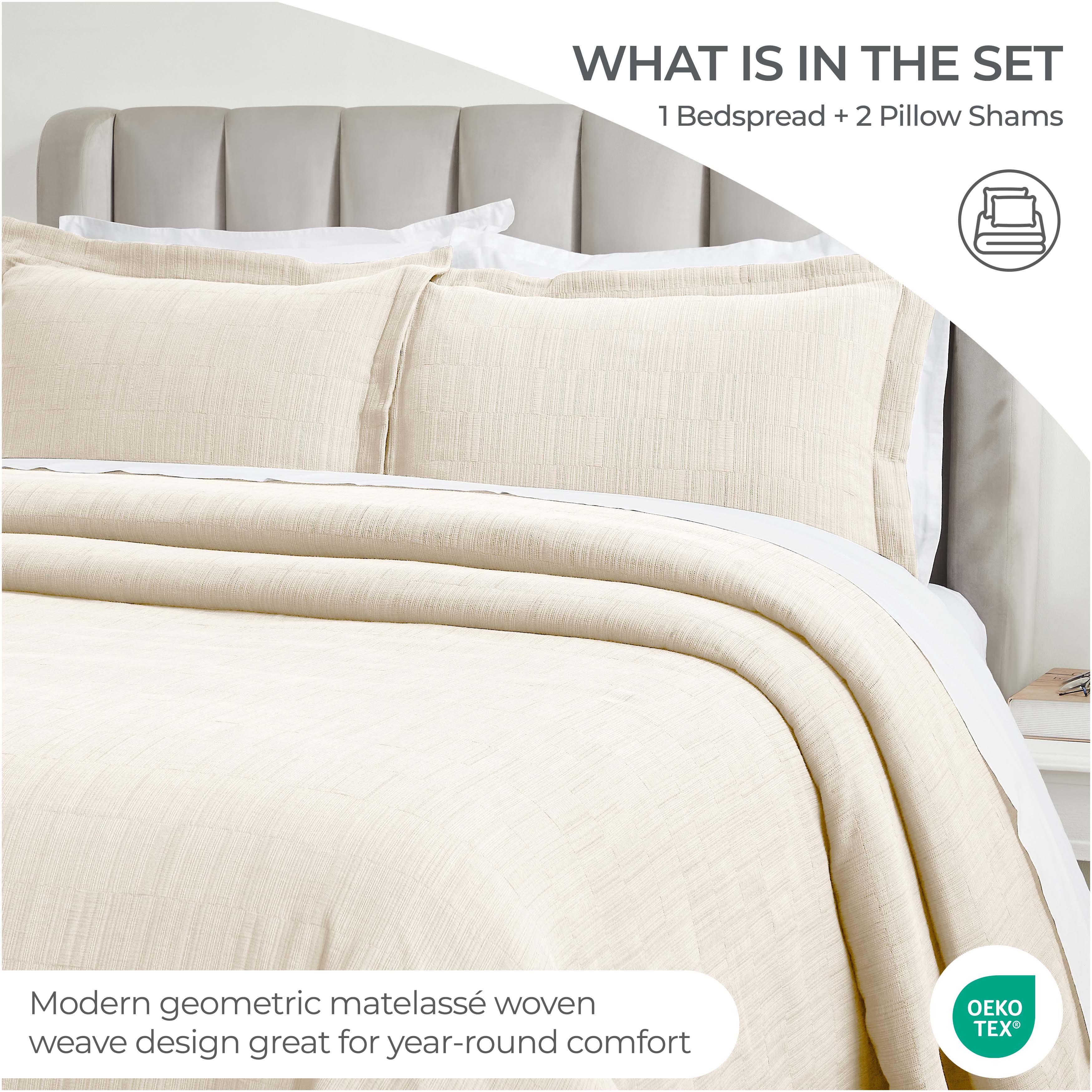 Premium Zenith Cotton Medium Weight Matelasse Bedspread & Sham Set - Queen Size, Luxury Textured Bedding for Master Bedroom & Guest Room Decor