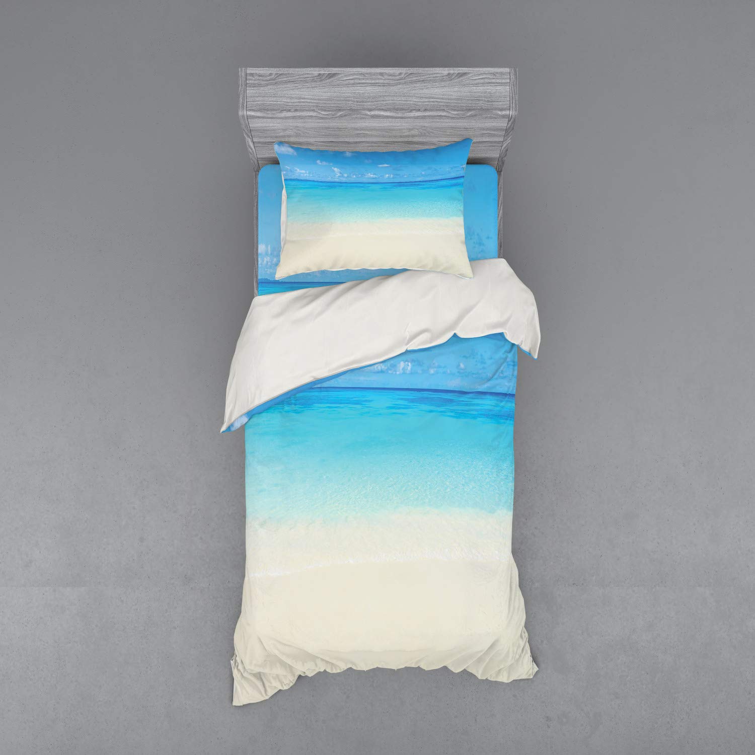 Ambesonne Ocean Bedding Set - Tropical Caribbean Sea Beach House Design with Sky View | 3-Piece Duvet Cover Set Includes Sham & Fitted Sheet | Twin Size in Cream & Navy | Perfect for Coastal, Nautical & Beach-Themed Bedrooms
