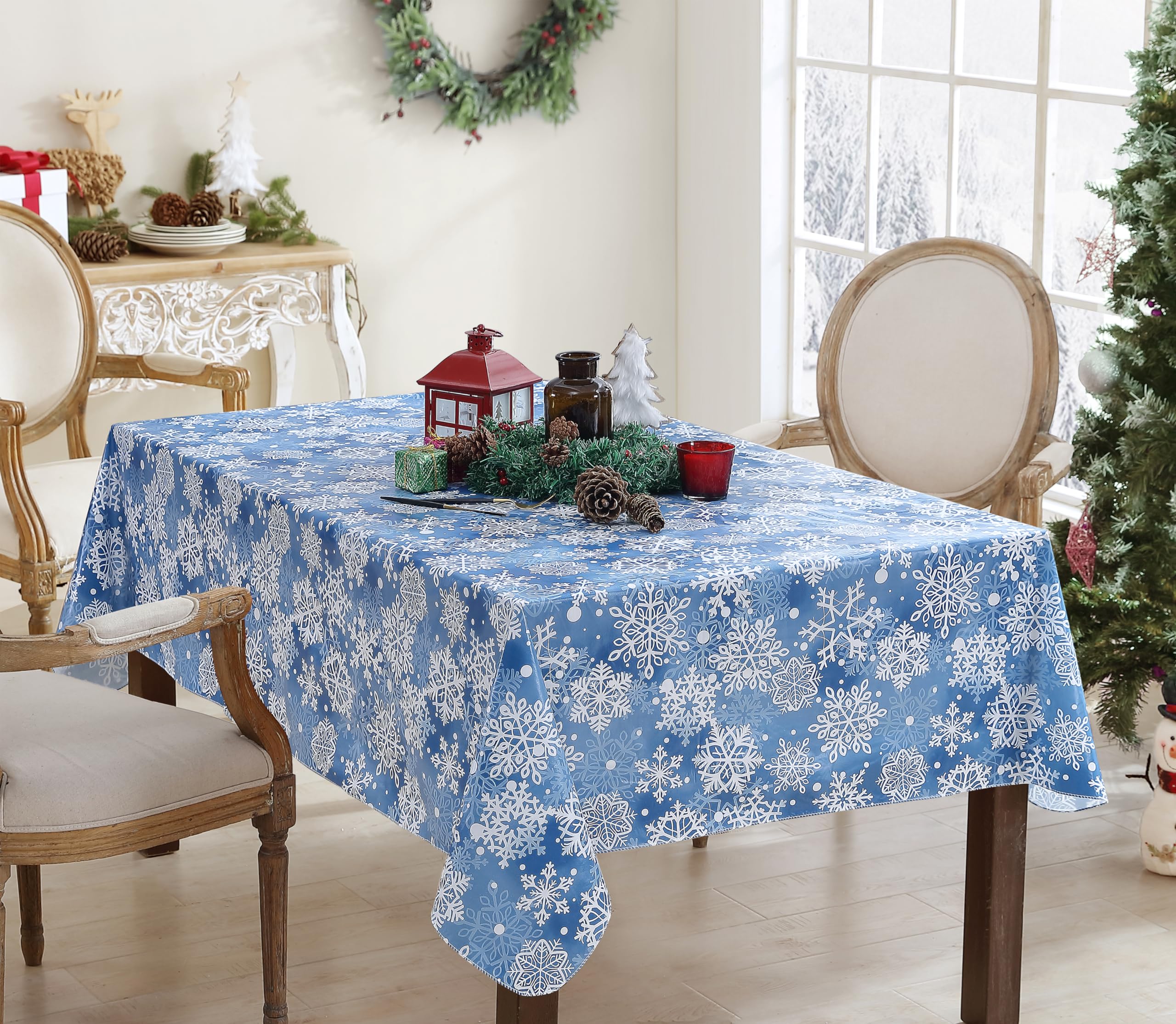 Newbridge Winter Holiday Blue Snowflakes Vinyl Tablecloth with Flannel Backing - Crystal Snowflake Christmas Table Cover, 52” x 70” Oblong/Rectangle, Easy Care Wipe Clean - Perfect for Holiday Dining, Parties & Festive Home Decor
