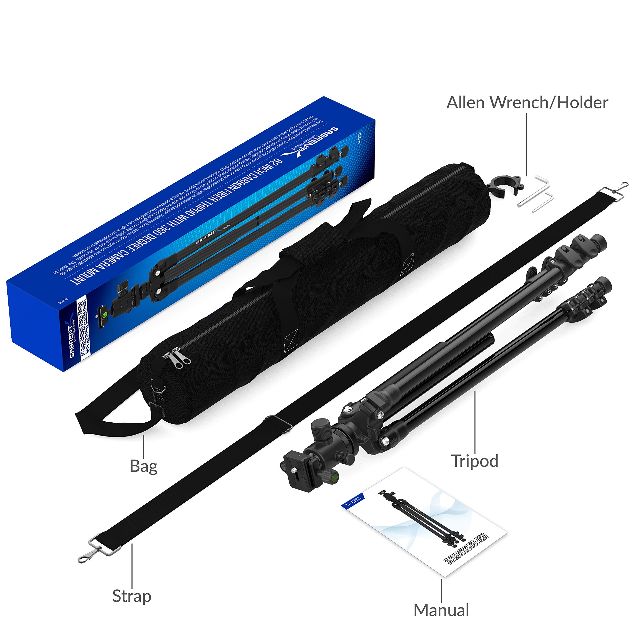 SABRENT 62-Inch Lightweight Carbon Fiber Tripod with 360° Ball Head & Quick Release Plate - Professional Camera Tripod for DSLR, Mirrorless, Video Cameras (TP-CF62) - Perfect for Travel, Vlogging, Photography & Outdoor Shooting