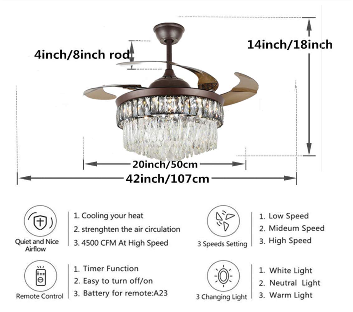 42 Inch Modern Crystal Ceiling Fan with LED Lights & Remote Control - 3 Adjustable Light Settings, Retractable Blades, Elegant Fandelier Design for Dining Room, Living Room, Bedroom | Perfect for Home Decor, Indoor Cooling & Ambient Lighting