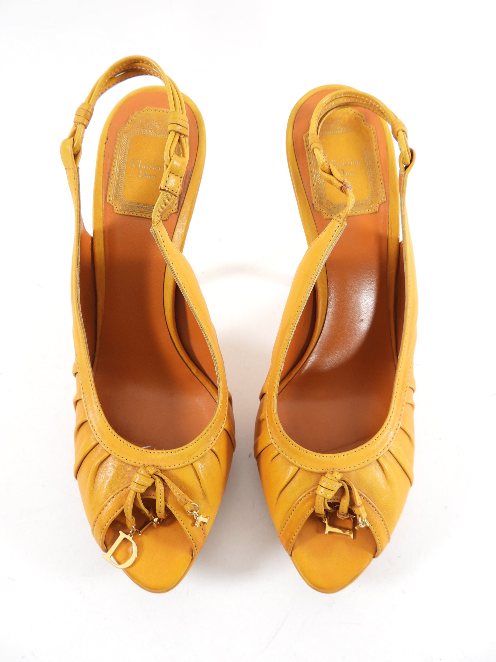 Christian Dior Mustard Yellow Leather Peep Toe Slingback Heels Size 8.5 - Luxury Women's High Heel Sandals for Evening Parties & Weddings