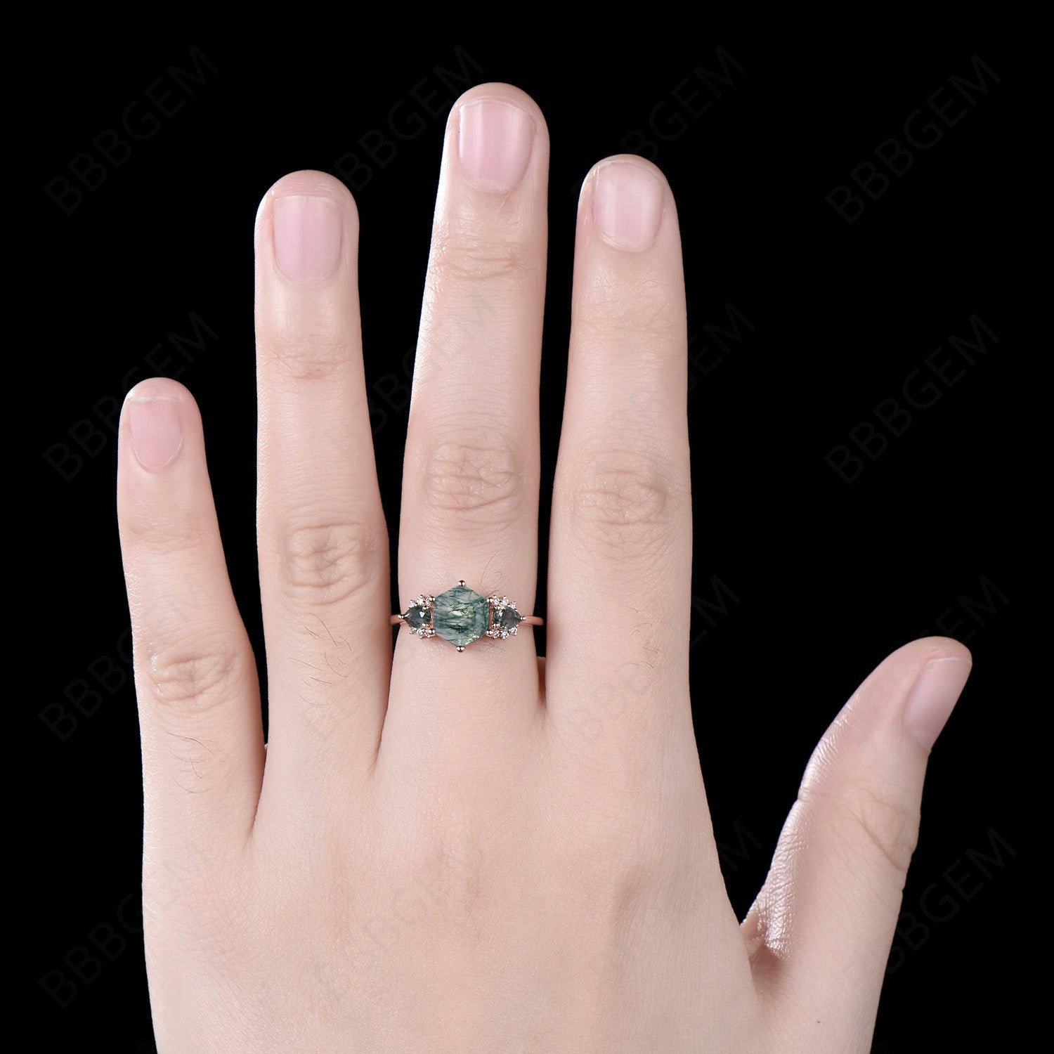 Hexagon Cut Natural Moss Agate Engagement Ring - Teardrop Aquatic Agate Bridal Ring in Solid Gold with Moissanite Accents | Perfect Wedding Gift for Women, Anniversary Present & Boho Jewelry for Special Occasions