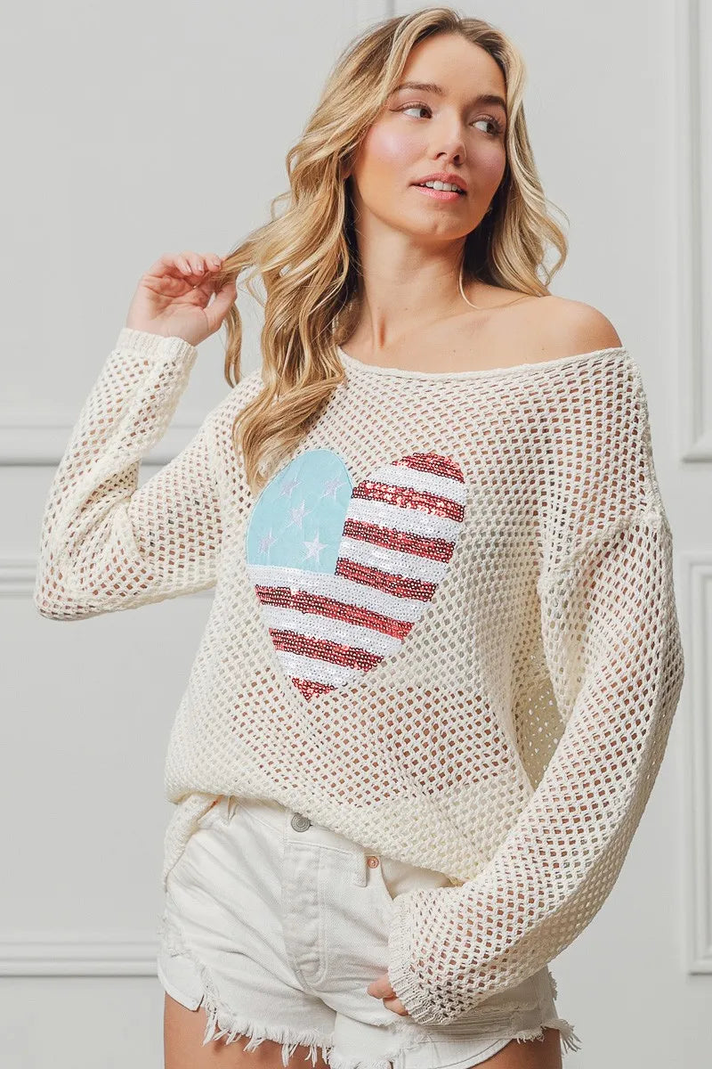 BiBi Sequin American Flag Heart Knit Up - Patriotic Fashion Sweater for Women, Perfect for 4th of July, Memorial Day & Independence Day Celebrations