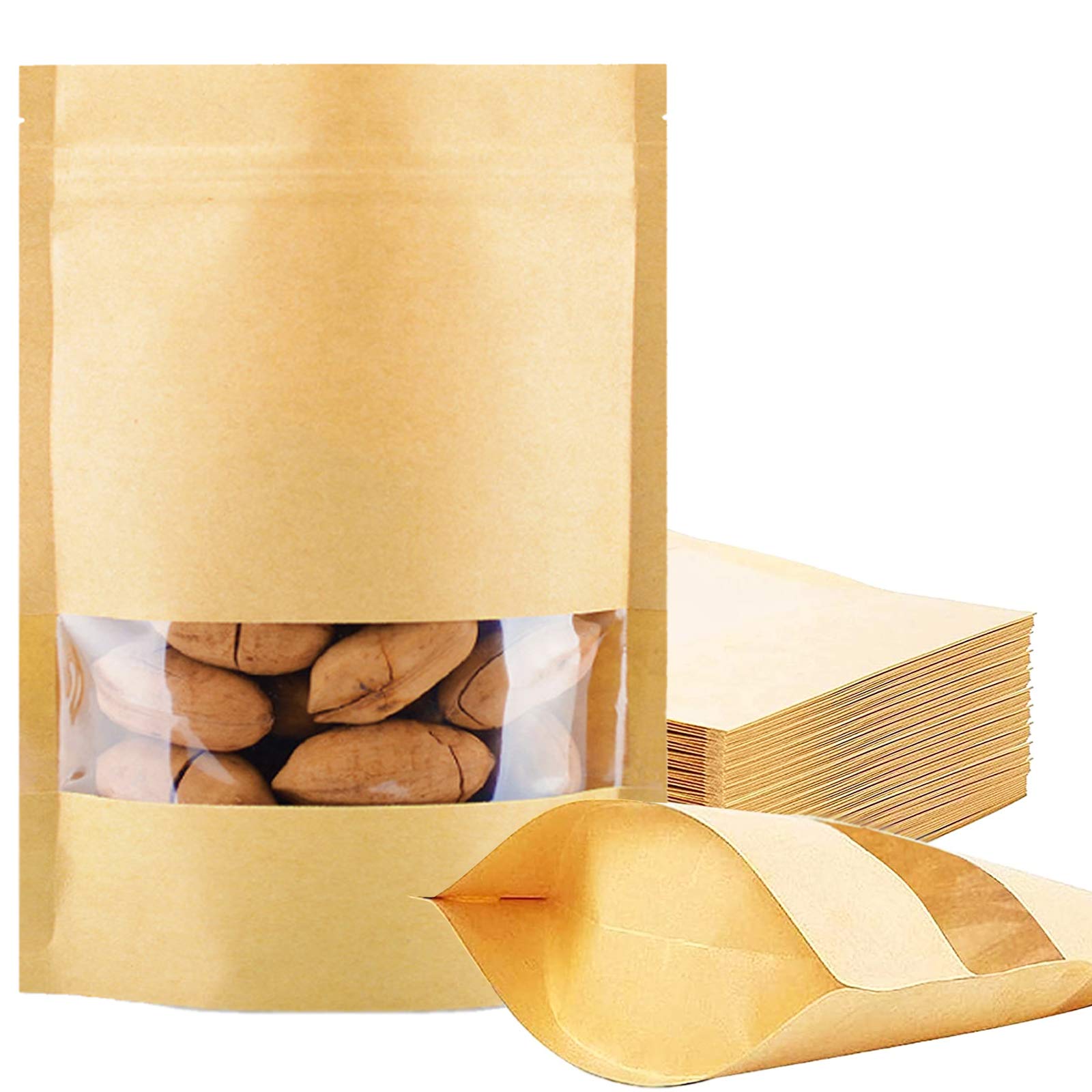 100 Pcs Kraft Paper Stand Up Bags with Resealable Zipper & Clear Window - 5.5