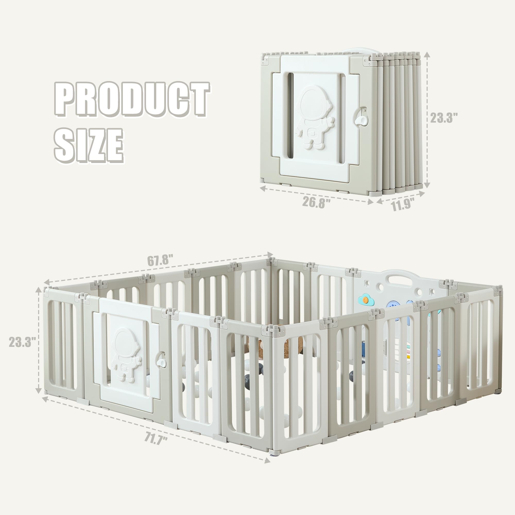 Foldable Baby Playpen - Extra Large 18-Panel Play Yard for Babies & Toddlers | Portable Playpen Fence with Astronaut Design | Indoor & Outdoor Safe Play Space for Crawling & Learning - Grey