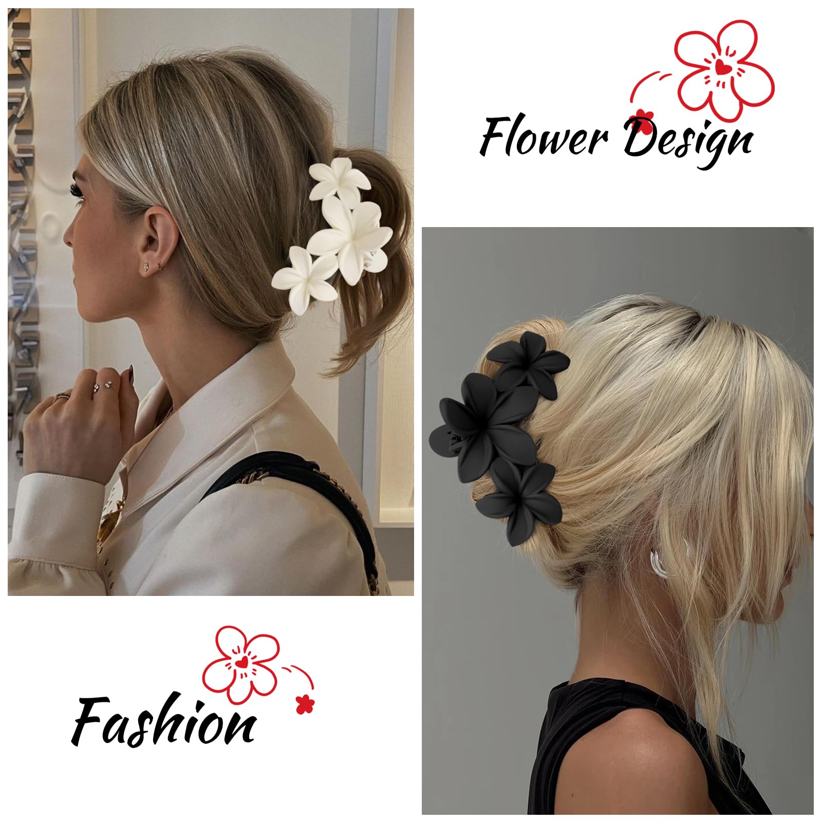 Hawaiian Plumeria Flower Hair Clips for Women - Large Matte Non-Slip Claw Clips for Thick & Thin Hair - Strong Hold Beach Hair Accessories (4 Pack) - Perfect for Summer, Vacations, Weddings & Everyday Style