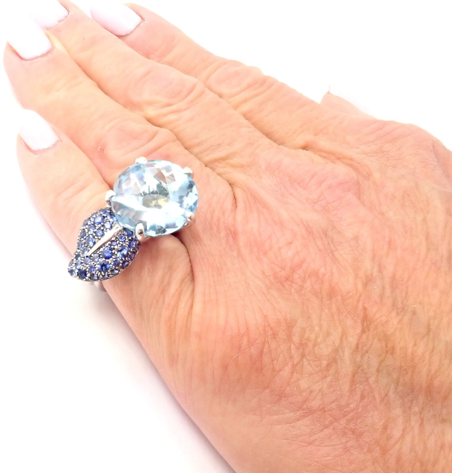 Authentic Chanel Camellia Flower 18k White Gold Ring with Aquamarine & Sapphire Gemstones - Luxury Jewelry for Women, Perfect for Weddings, Anniversaries & Special Occasions