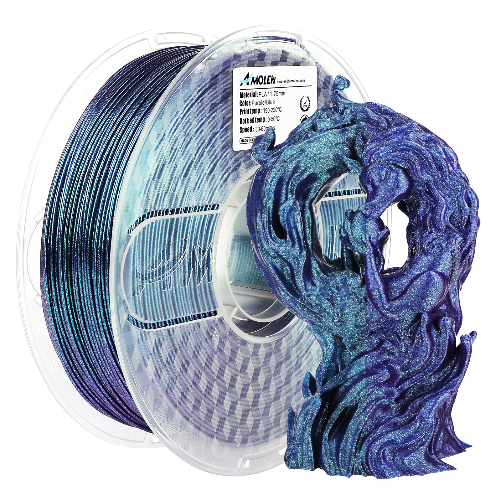 AMOLEN PLA 3D Printer Filament 1.75mm - Color Changing Shiny Purple to Blue Filament (1KG/2.2lb) for Smooth 3D Printing - Perfect for Cosplay Props, Home Decor & DIY Projects