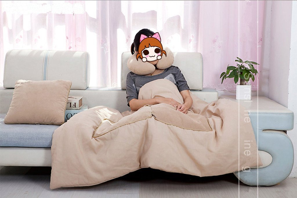 ALIBO Beige Lightweight Washable Travel Blanket Pillow - Foldable Quillow 14.1×14.1 Inches - Perfect for Airplane, Car, Office Naps & Home Decor