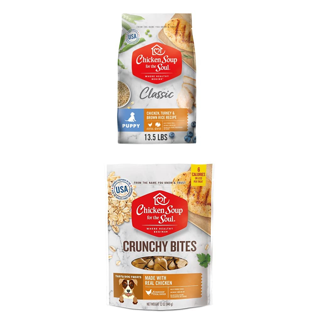 Chicken Soup for the Soul Puppy Food Bundle - 12 oz Dry Dog Food with Real Chicken, Turkey & Brown Rice Recipe + Crunchy Bites | Soy Free, Corn Free, Wheat Free | Healthy Snacks for Training & Rewards