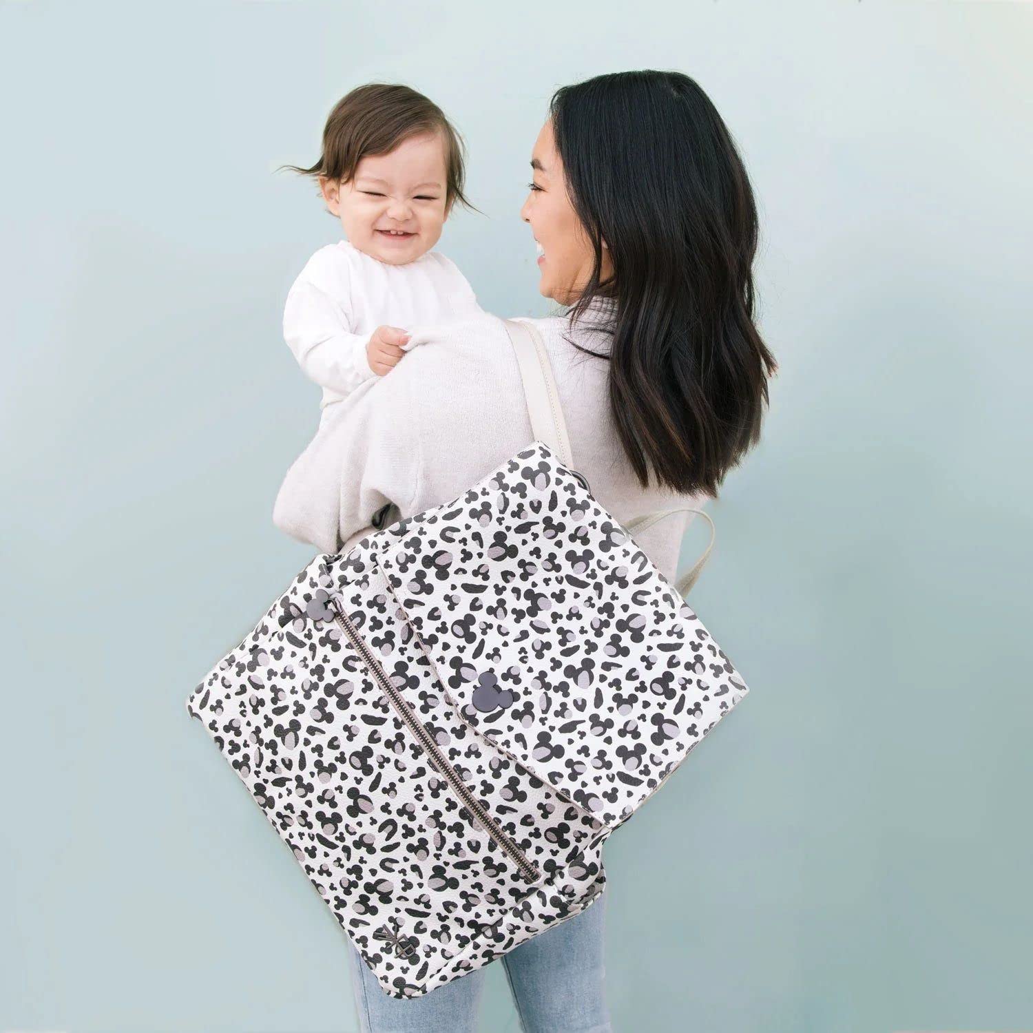 Freshly Picked Classic Diaper Bag Backpack - Waterproof Vegan Leather with Changing Pad & Convertible Design (Mickey Leopard Print) - Perfect for Baby Essentials, Travel & On-the-Go Parents