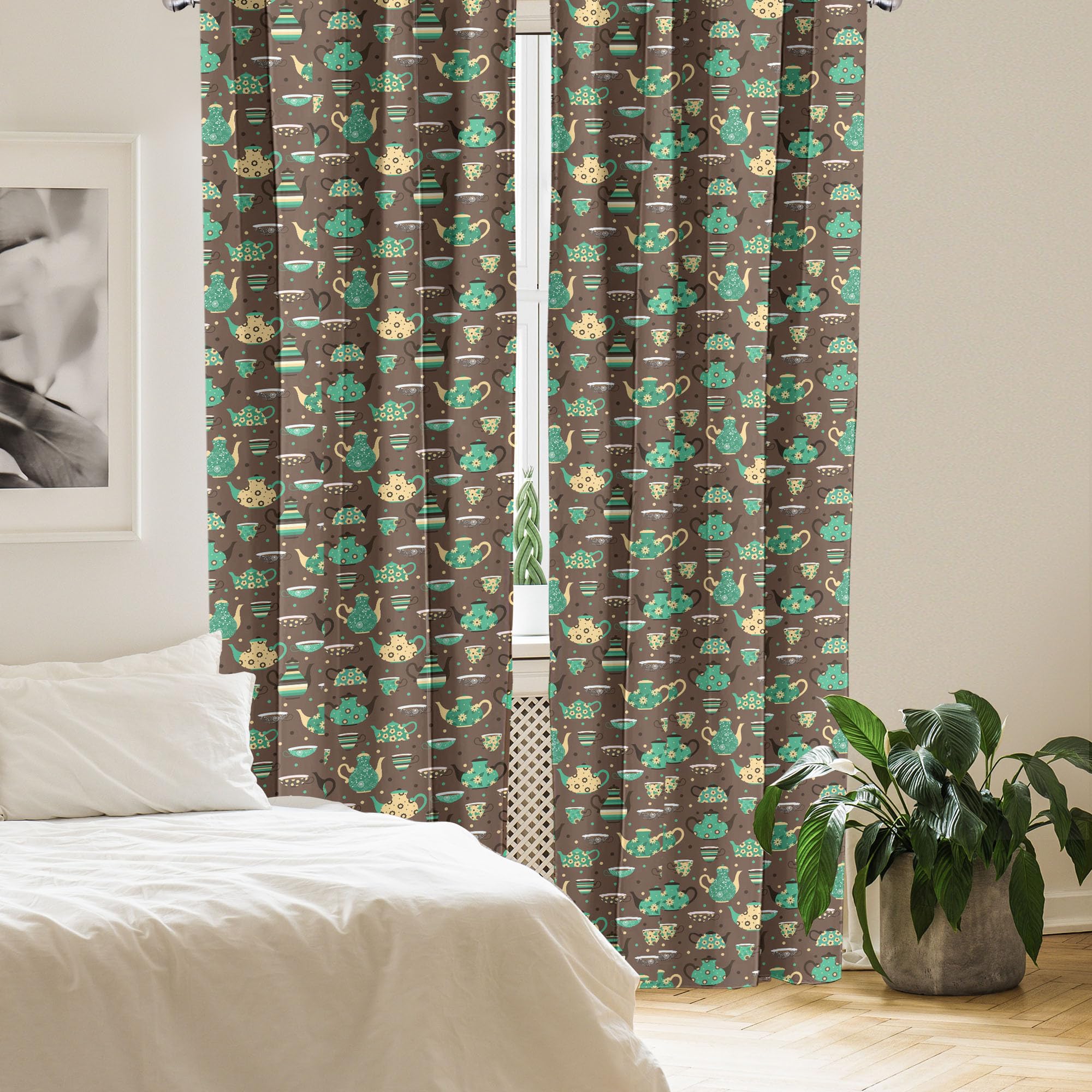 Ambesonne Floral Tea Party Curtains - 2 Panel Set with Cups & Pots Design on Dotted Brown Background, 28
