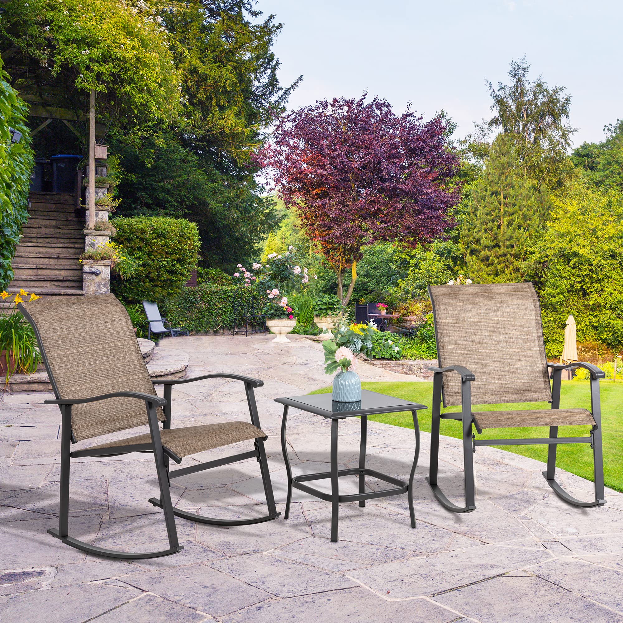 Shintenchi 3-Piece Outdoor Rocking Bistro Set with Rocker Chairs & Glass Coffee Table - Brown Patio Furniture for Small Spaces, Balcony & Porch - Perfect for Relaxing, Entertaining & Enjoying Morning Coffee