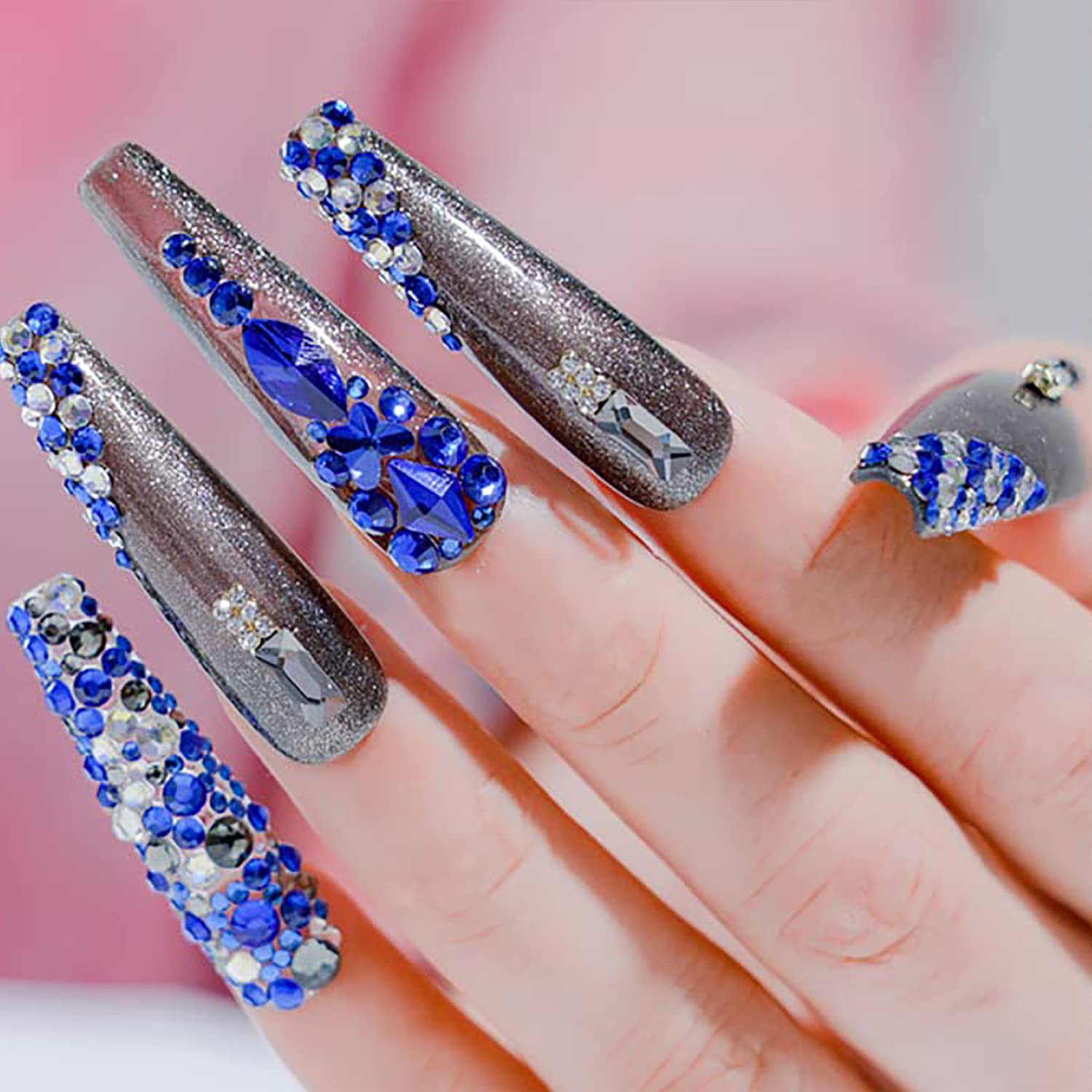 SILPECWEE 2 Pack Blue Flat Back Rhinestones for Nails - 3D Nail Art Gems, Glass Crystals & Diamond Decorations Kit with Picker Pencil - Perfect for DIY Manicure, Salon Nail Designs & Party Glam Looks