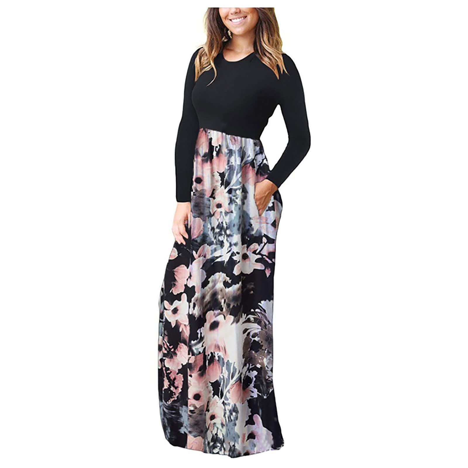 Women's Tie Dye Maxi Dress - Long Sleeve Loose Floral High Waist Casual Dress with Pockets | Perfect for Fall Fashion, Beach Vacations & Boho Outfits