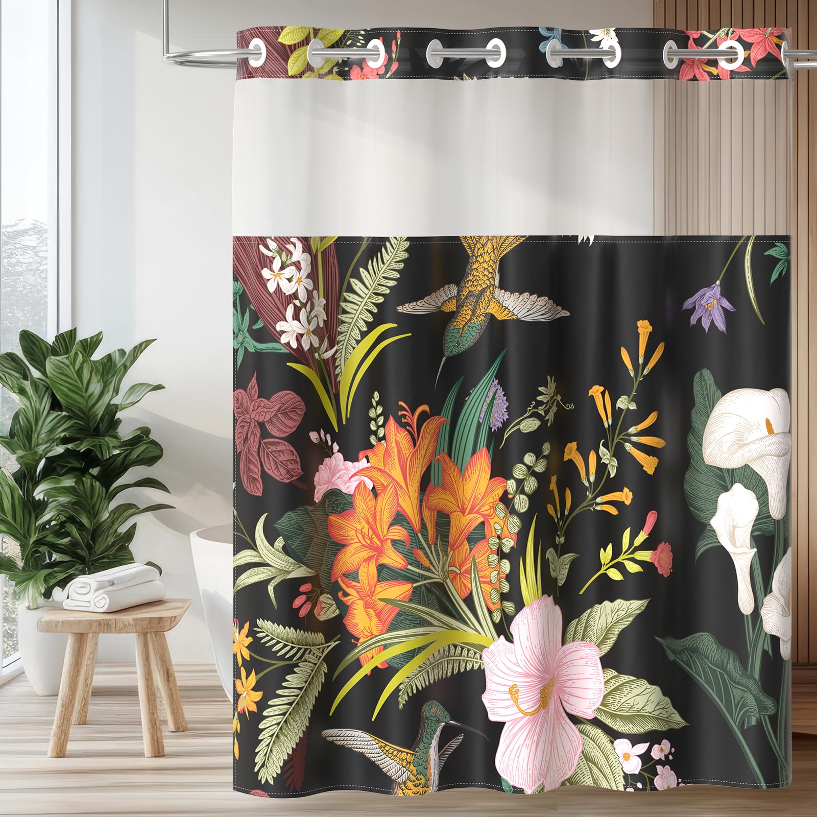 Floral Shower Curtain with Snap-in Liner - Waterproof Fabric Bathroom Curtain Set with Mesh Top Window, 72x75 Inch, No Hooks Needed - Perfect for Modern Bathrooms, Guest Baths & Spa-Like Showers