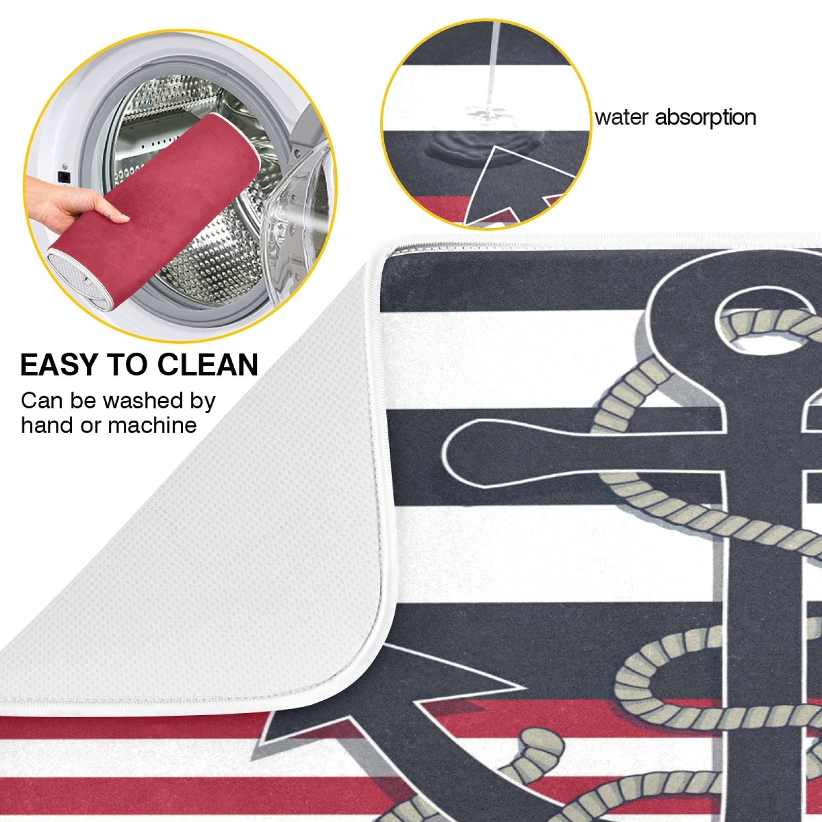 Absorbent Reversible Microfiber Dish Drying Mat - Kitchen Countertop Protector with Nautical Anchor & Rope Design (16x18 Inch) | Non-Slip, Quick-Dry Pad for Dishes, Utensils & Cookware | Perfect for Sink Areas, Countertops & Drying Racks