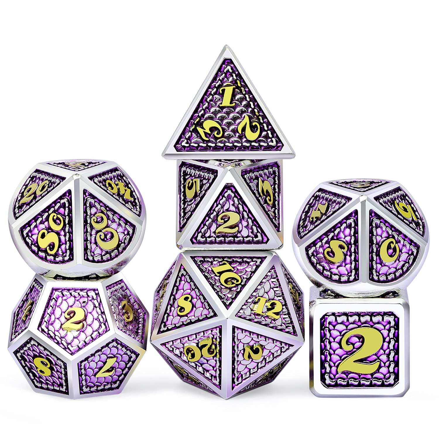 DNDND Metal DND Dice Set - 7-Piece Dragon Scale Metallic D&D Dice with Velvet Pouch for Dungeons & Dragons RPG Games (Lilac with Silver Edge) | Perfect for Tabletop Gaming, D&D Sessions & Fantasy Role-Playing Adventures