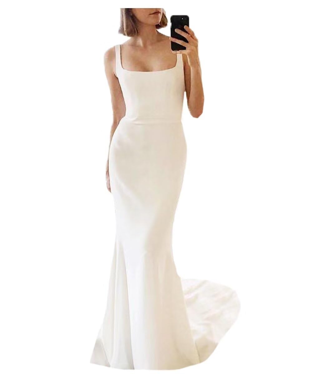 Elegant Satin Mermaid Wedding Dress for Bride - Backless Square Neck Bridal Gown with Train | Perfect for Beach, Church, and Formal Wedding Ceremonies