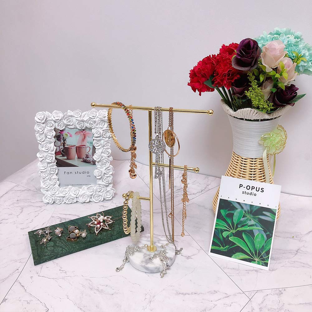 Metal T-Bar Jewelry Organizer Stand - Necklace Display & Earrings Holder with Marble Pattern Round Tray for Bracelets, Rings, Watches - Perfect for Home Decor & Boutique Store Display (Gold)