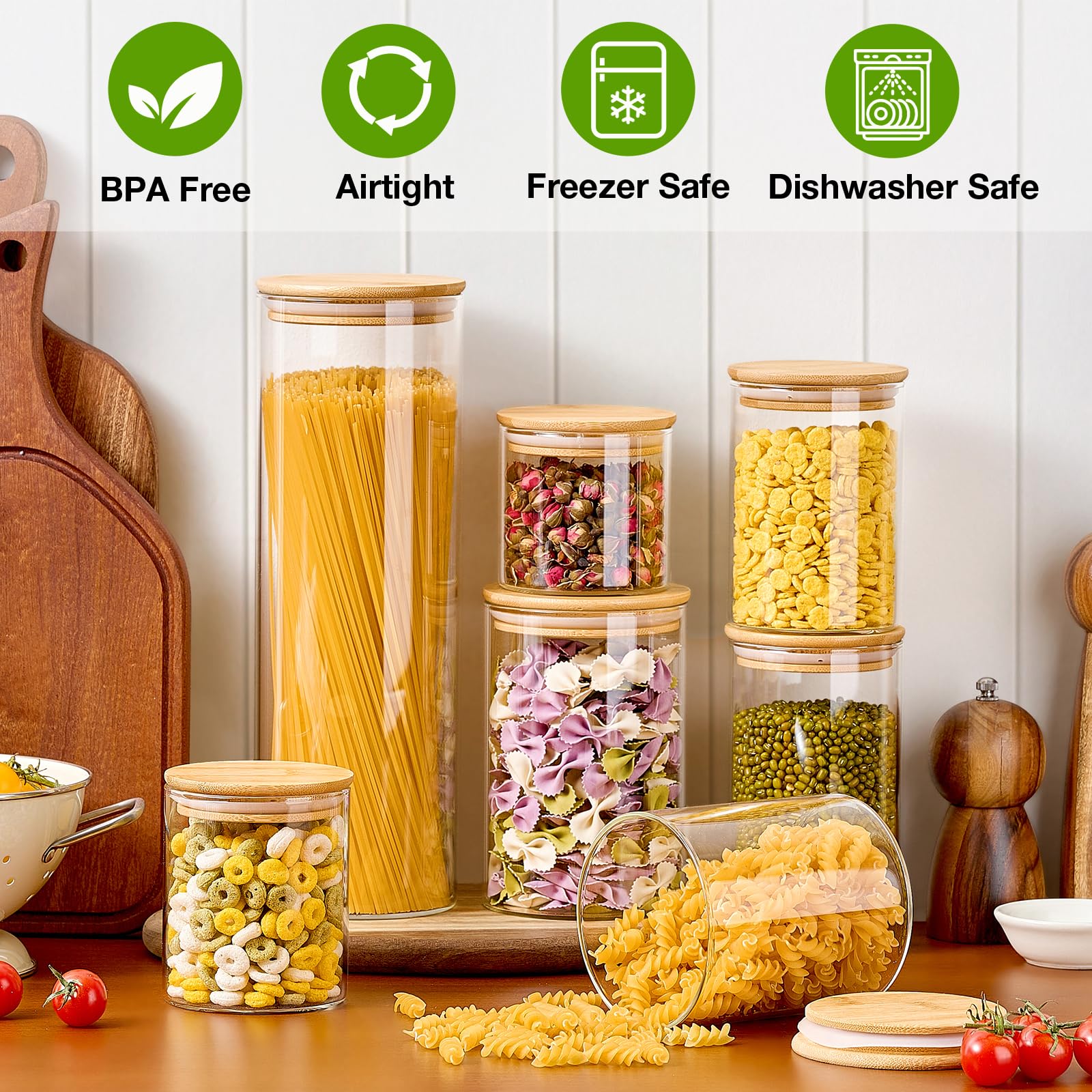 7-Pack Thicker Glass Food Storage Containers with Airtight Bamboo Lids - Clear Pantry Jars for Pasta, Nuts, Coffee, Tea, Spices & Dry Foods - BPA-Free Kitchen Organization Set - Perfect for Meal Prep, Baking & Pantry Storage