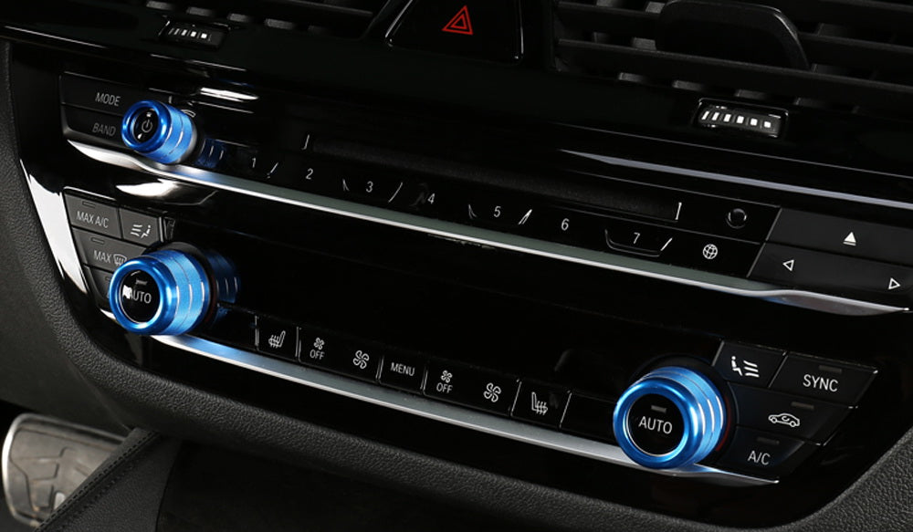 Blue Aluminum AC Climate Control & Radio Volume Knob Ring Covers for BMW 5 Series 2017+ - Upgrade Interior Accessories for Enhanced Driving Comfort