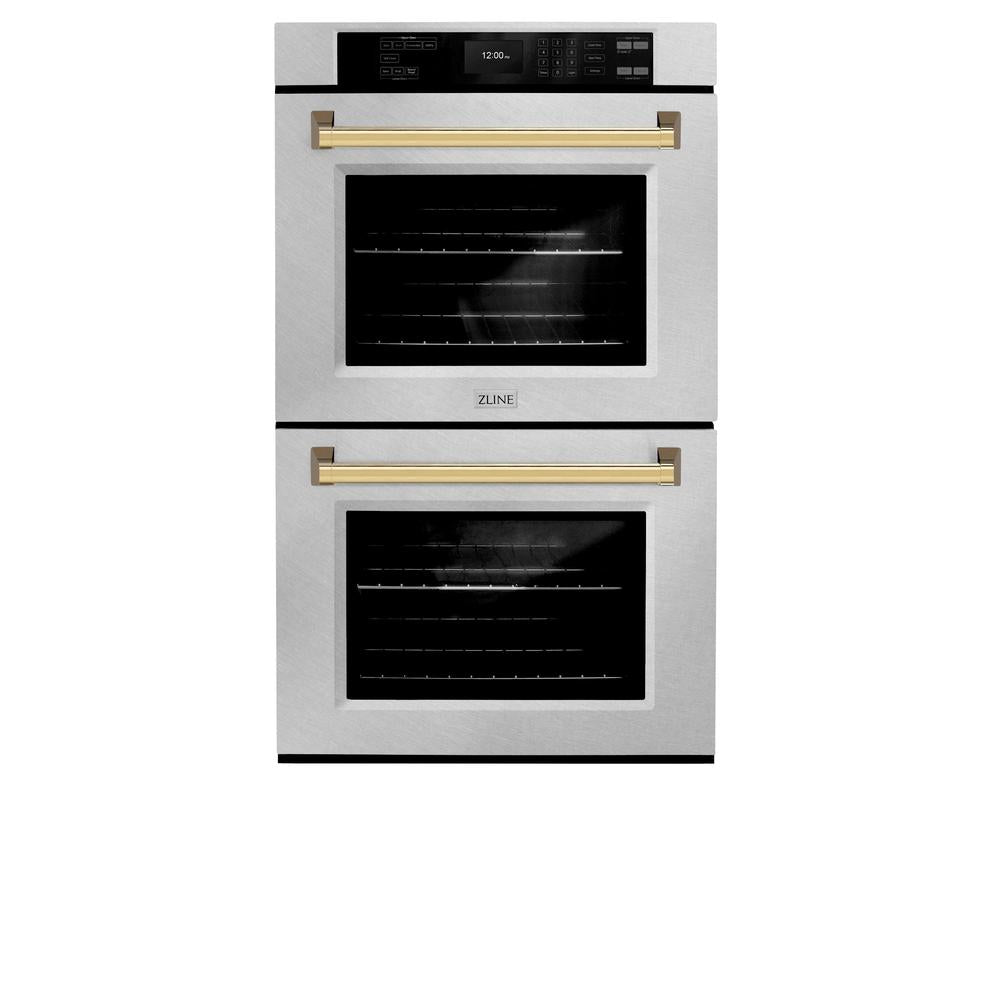ZLINE Autograph Edition 30 Inch Stainless Steel Professional True Convection Double Wall Oven with Air Fry & Self-Clean - Polished Gold Handles (WADZ 30 G) - Perfect for Home Chefs & Modern Kitchens