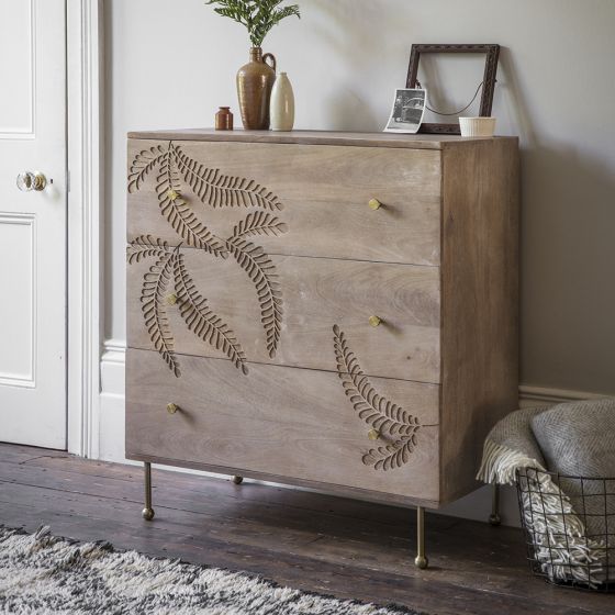 Hand Carved Fern Leaf Design Solid Wood 3-Drawer Dresser - Vintage Style Bedroom Furniture for Storage & Organization