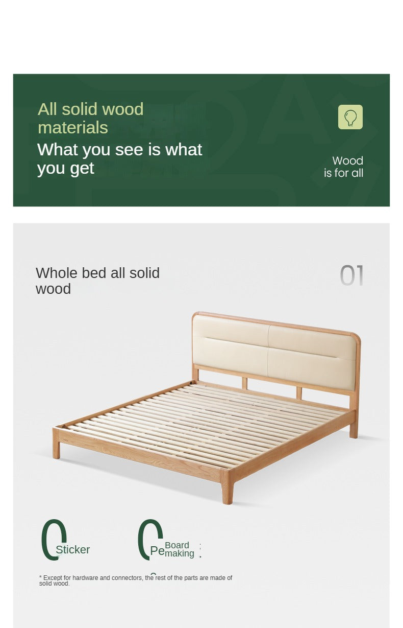 Solid Oak Wood Leather Upholstered Soft Bed - Queen Size, Modern Platform Bed Frame with Headboard for Bedroom, Living Room, Guest Room