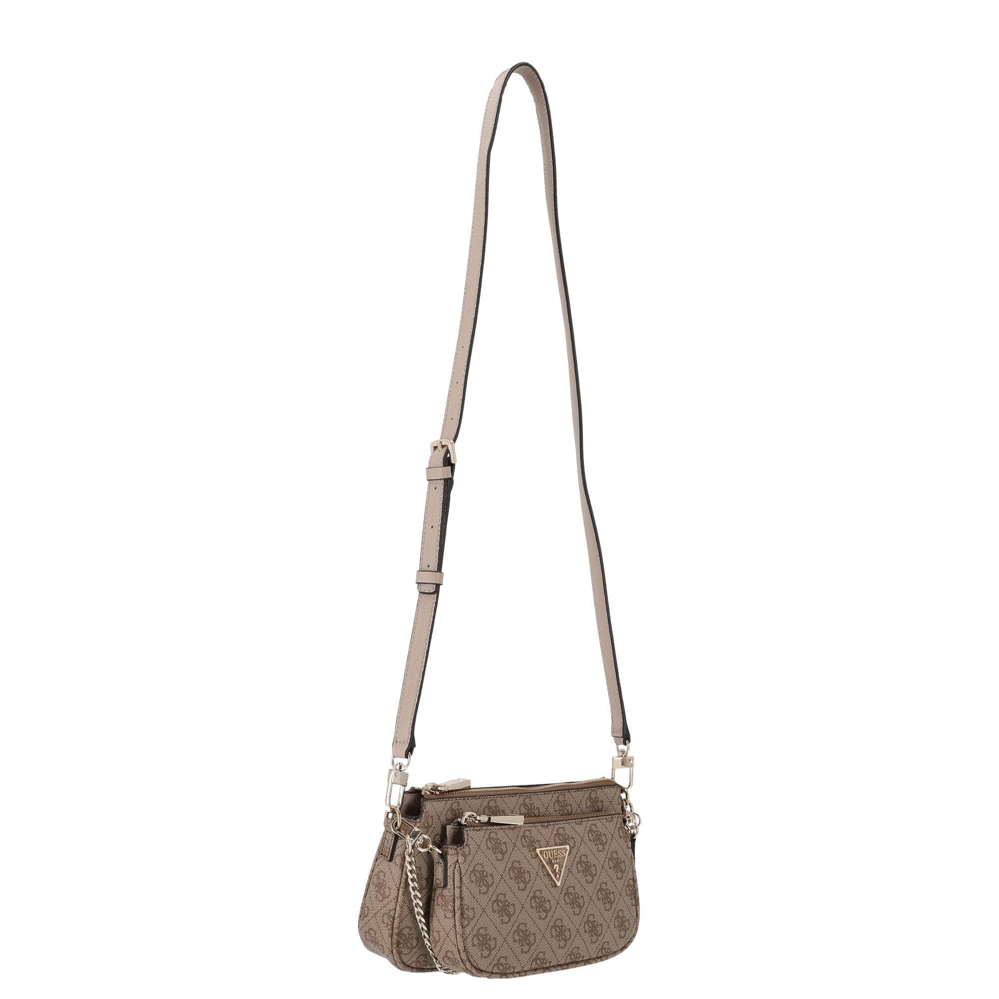 GUESS Noelle Double Pouch Crossbody Bag for Women - Latte Logo Print, Stylish Leather Shoulder Purse for Daily Use, Work, Travel and Date Night