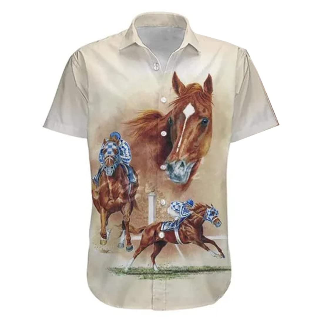 Men's Horse Racing Hawaiian Shirts - Stallion & Mare Print Short Sleeve Button Down Shirt | Tropical Casual Wear for Beach Parties, Summer Vacations & Themed Events