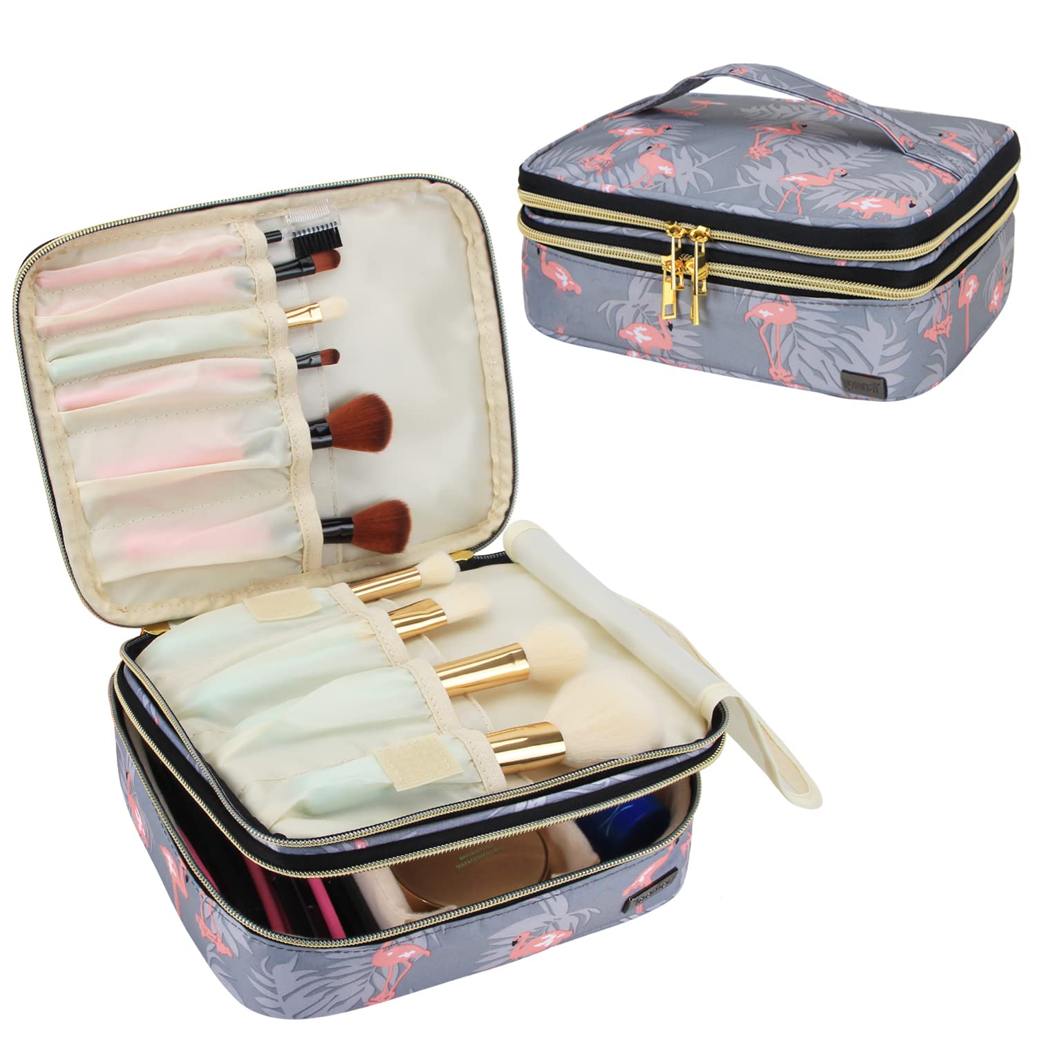 Teamoy Travel Makeup Brush Organizer - Waterproof Cosmetic Brushes Bag with Multiple Compartments for Makeup Tools & Beauty Essentials | Perfect for Travel, Home Storage & On-the-Go Makeup Application (Flamingo Pattern)