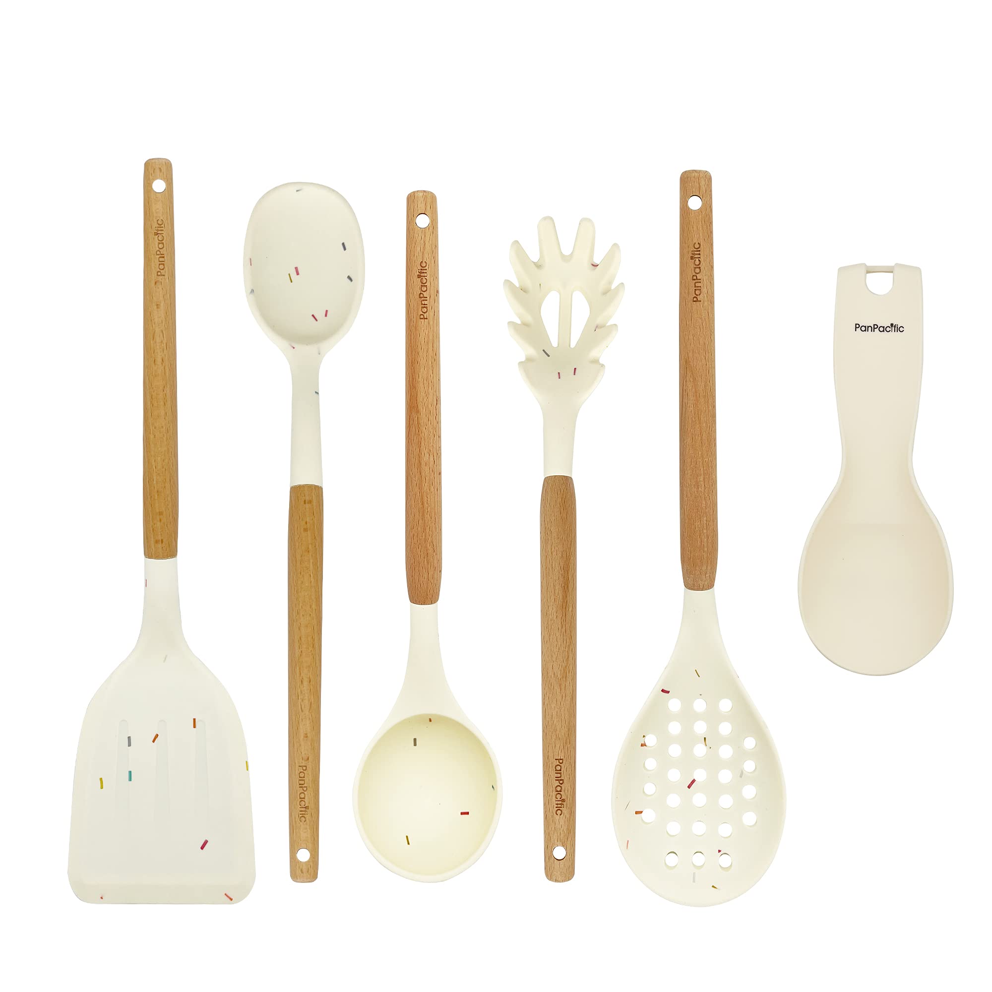 Silicone Cooking Utensils Set with Wooden Handles - Non-Stick Kitchen Tools for Sauteing, Baking, and Stirring - White and Wood Utensils with Spoon Rest for Everyday Cooking