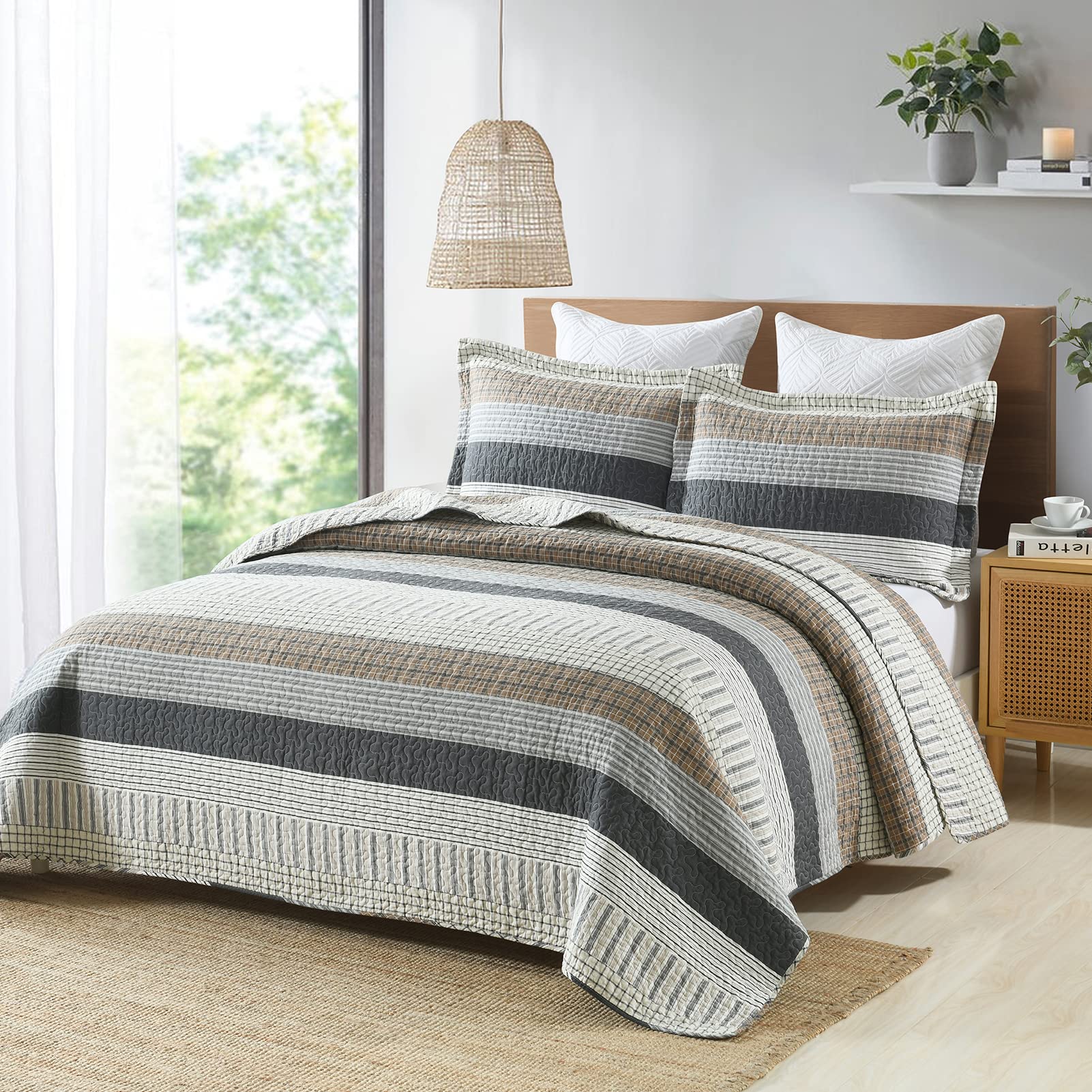Finlonte King Size Quilt Set - 100% Cotton Reversible Lightweight Comforter, Grey Striped Farmhouse Bedding (3-Piece) - Perfect for All Seasons, Master Bedroom & Guest Room Decor
