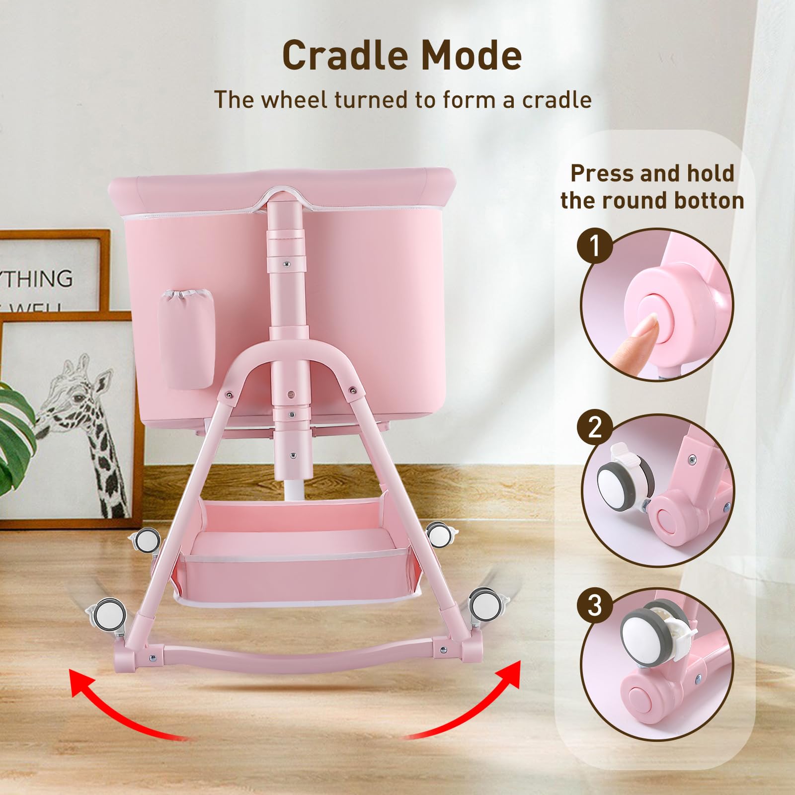 Uuoeebb 4-in-1 Portable Baby Bassinet Bedside Sleeper with Wheels, Foldable Travel Crib with Changing Station & Storage | Includes Mattress for Newborns 0-6 Months (Pink) | Perfect for Nursery, Bedroom Co-Sleeping & Travel